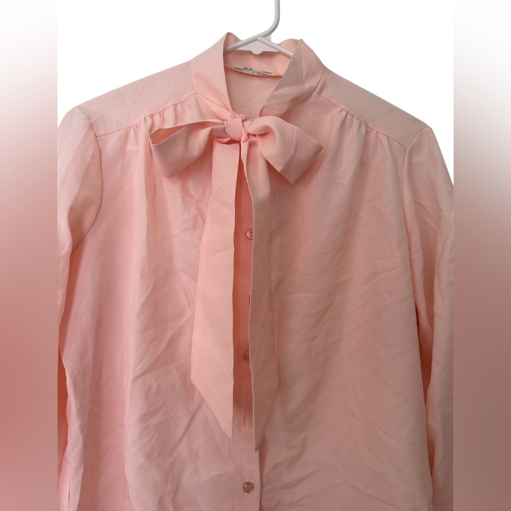 Vintage Light Pink Neck Bow Tie Blouse Button up